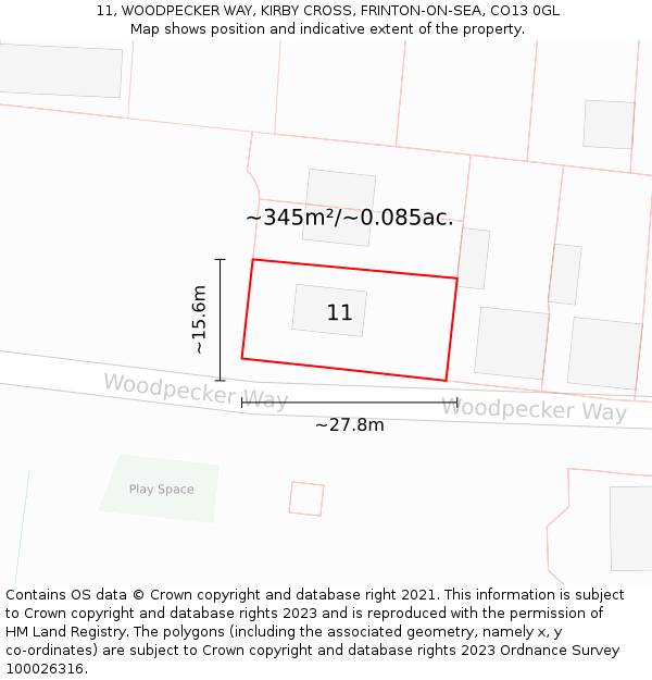11, WOODPECKER WAY, KIRBY CROSS, FRINTON-ON-SEA, CO13 0GL: Plot and title map