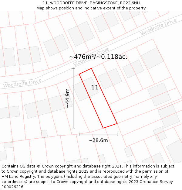 11, WOODROFFE DRIVE, BASINGSTOKE, RG22 6NH: Plot and title map