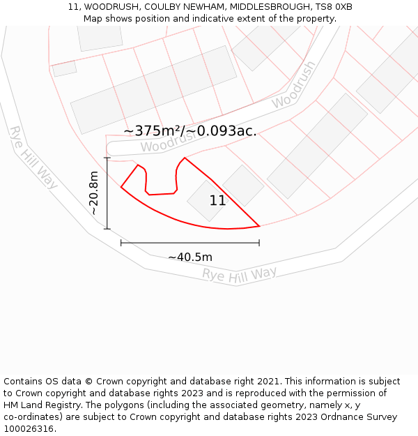 11, WOODRUSH, COULBY NEWHAM, MIDDLESBROUGH, TS8 0XB: Plot and title map