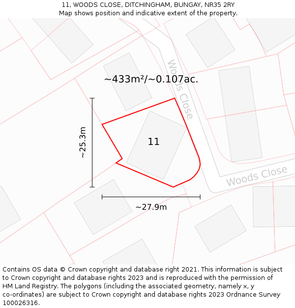 11, WOODS CLOSE, DITCHINGHAM, BUNGAY, NR35 2RY: Plot and title map