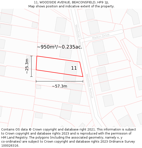 11, WOODSIDE AVENUE, BEACONSFIELD, HP9 1JL: Plot and title map