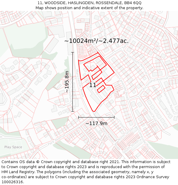 11, WOODSIDE, HASLINGDEN, ROSSENDALE, BB4 6QQ: Plot and title map