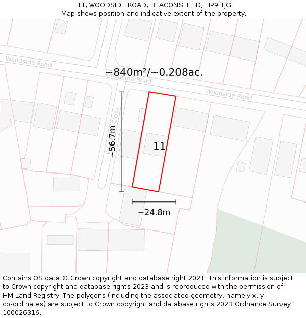 11, WOODSIDE ROAD, BEACONSFIELD, HP9 1JG: Plot and title map