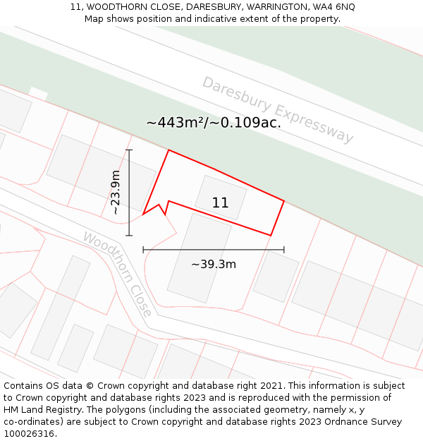11, WOODTHORN CLOSE, DARESBURY, WARRINGTON, WA4 6NQ: Plot and title map