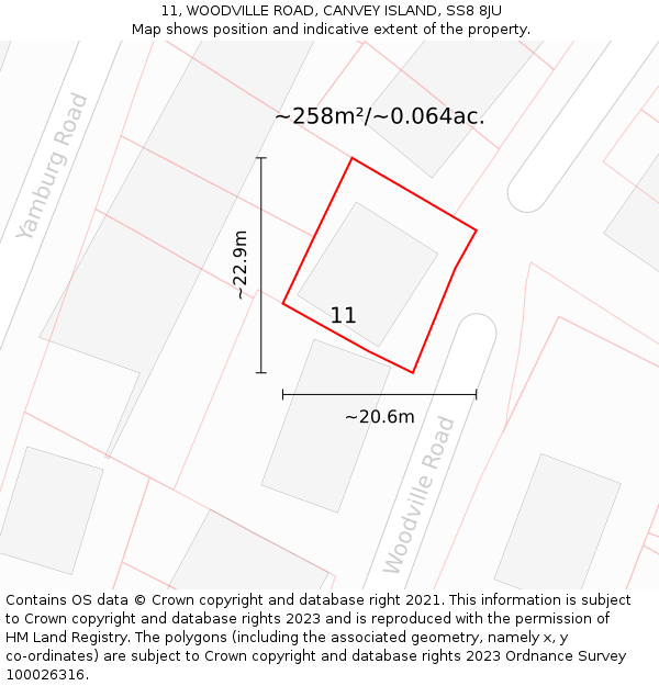 11, WOODVILLE ROAD, CANVEY ISLAND, SS8 8JU: Plot and title map