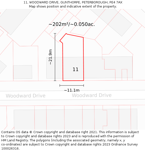 11, WOODWARD DRIVE, GUNTHORPE, PETERBOROUGH, PE4 7AX: Plot and title map