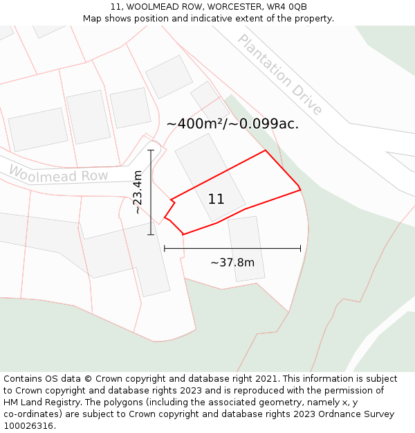 11, WOOLMEAD ROW, WORCESTER, WR4 0QB: Plot and title map