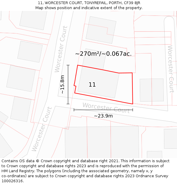 11, WORCESTER COURT, TONYREFAIL, PORTH, CF39 8JR: Plot and title map