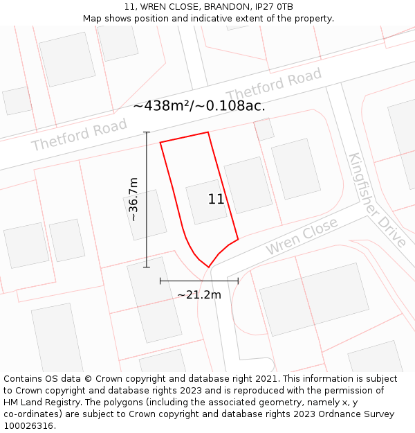 11, WREN CLOSE, BRANDON, IP27 0TB: Plot and title map