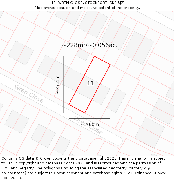 11, WREN CLOSE, STOCKPORT, SK2 5JZ: Plot and title map