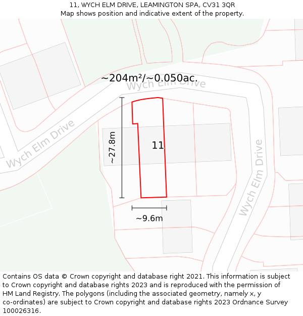 11, WYCH ELM DRIVE, LEAMINGTON SPA, CV31 3QR: Plot and title map
