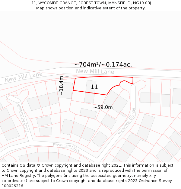 11, WYCOMBE GRANGE, FOREST TOWN, MANSFIELD, NG19 0RJ: Plot and title map
