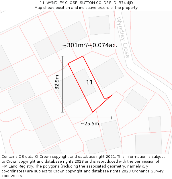 11, WYNDLEY CLOSE, SUTTON COLDFIELD, B74 4JD: Plot and title map
