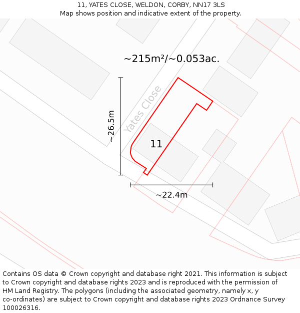 11, YATES CLOSE, WELDON, CORBY, NN17 3LS: Plot and title map
