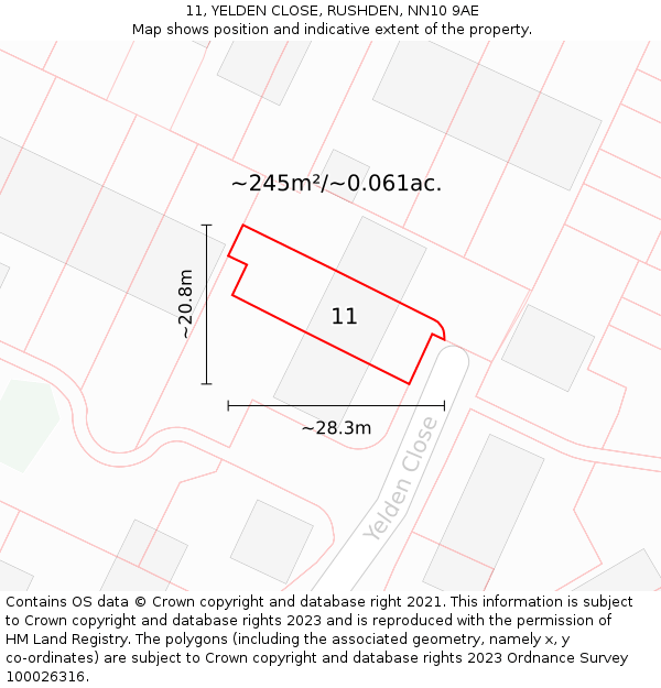 11, YELDEN CLOSE, RUSHDEN, NN10 9AE: Plot and title map
