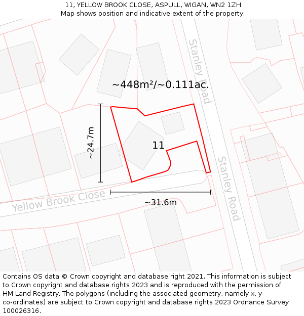 11, YELLOW BROOK CLOSE, ASPULL, WIGAN, WN2 1ZH: Plot and title map