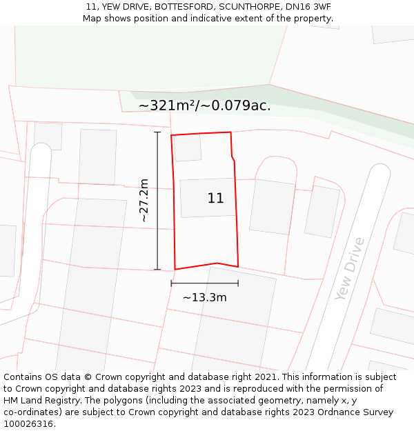 11, YEW DRIVE, BOTTESFORD, SCUNTHORPE, DN16 3WF: Plot and title map