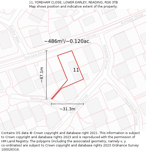 11, YOREHAM CLOSE, LOWER EARLEY, READING, RG6 3TB: Plot and title map