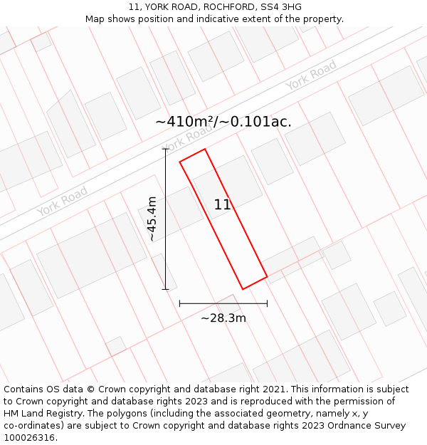 11, YORK ROAD, ROCHFORD, SS4 3HG: Plot and title map