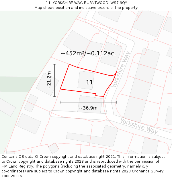 11, YORKSHIRE WAY, BURNTWOOD, WS7 9QY: Plot and title map