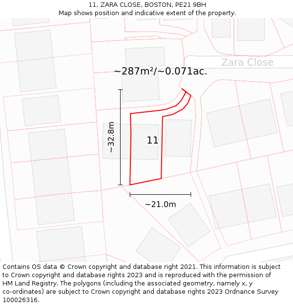 11, ZARA CLOSE, BOSTON, PE21 9BH: Plot and title map