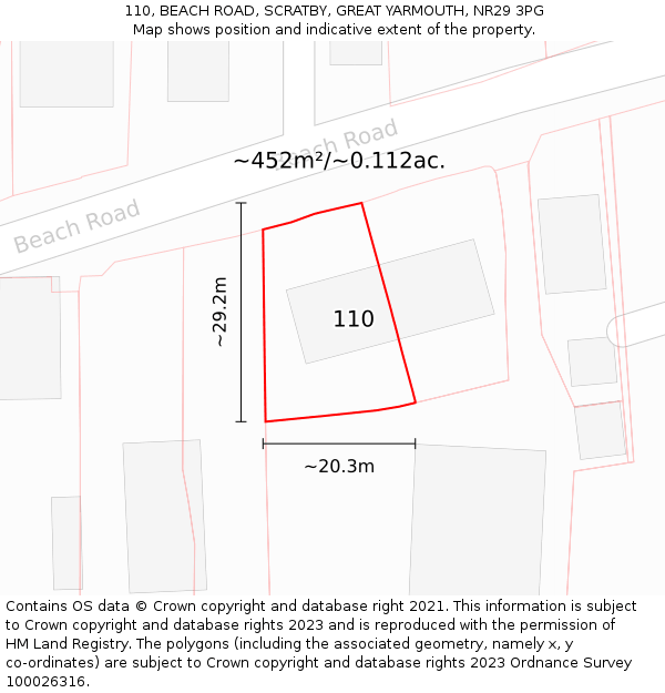 110, BEACH ROAD, SCRATBY, GREAT YARMOUTH, NR29 3PG: Plot and title map