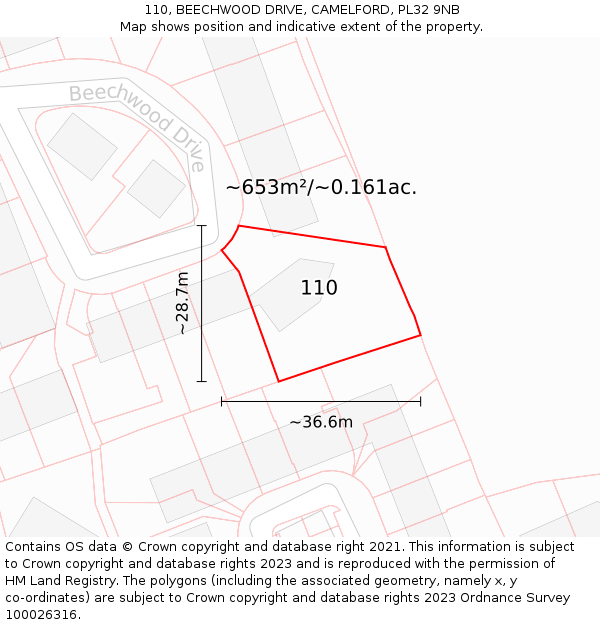 110, BEECHWOOD DRIVE, CAMELFORD, PL32 9NB: Plot and title map