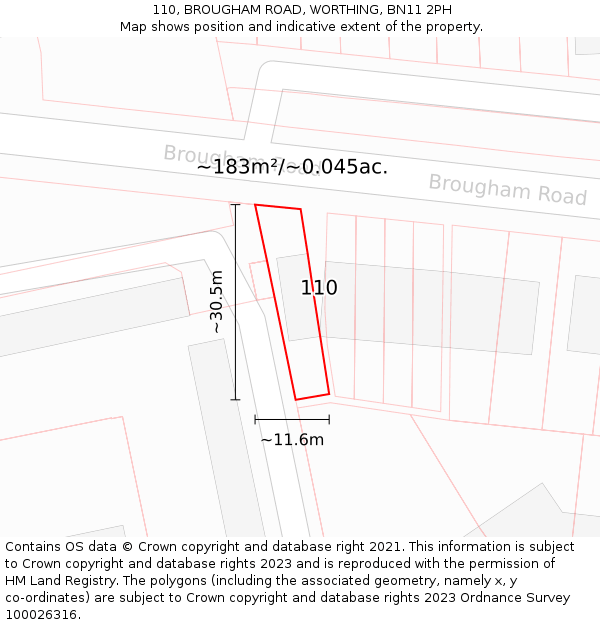 110, BROUGHAM ROAD, WORTHING, BN11 2PH: Plot and title map