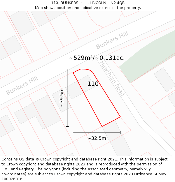 110, BUNKERS HILL, LINCOLN, LN2 4QR: Plot and title map