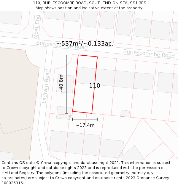 110, BURLESCOOMBE ROAD, SOUTHEND-ON-SEA, SS1 3PS: Plot and title map