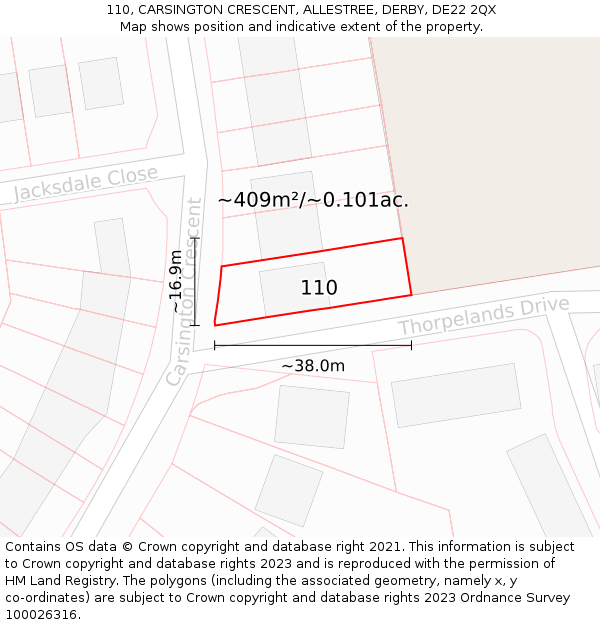 110, CARSINGTON CRESCENT, ALLESTREE, DERBY, DE22 2QX: Plot and title map
