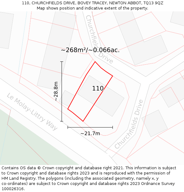 110, CHURCHFIELDS DRIVE, BOVEY TRACEY, NEWTON ABBOT, TQ13 9QZ: Plot and title map