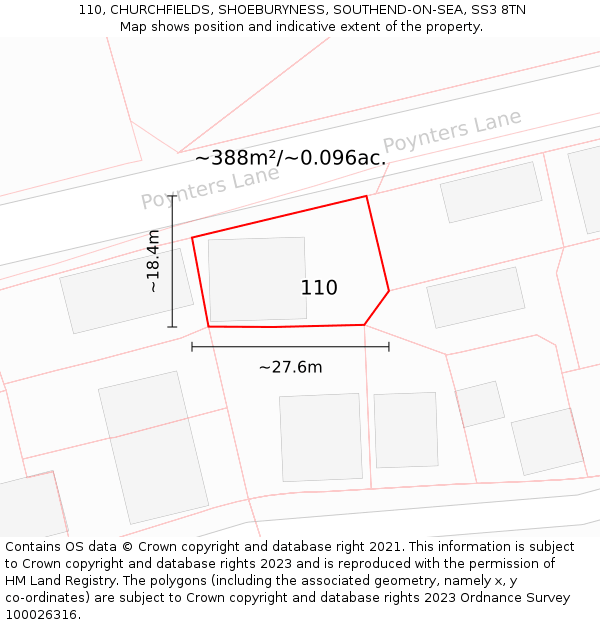 110, CHURCHFIELDS, SHOEBURYNESS, SOUTHEND-ON-SEA, SS3 8TN: Plot and title map
