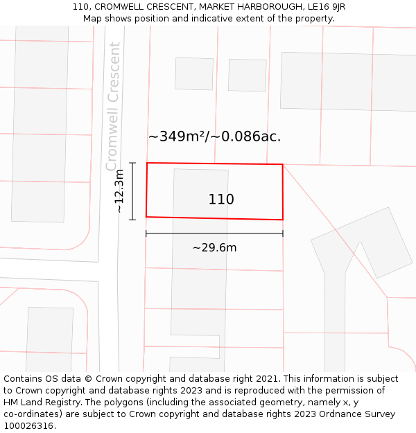 110, CROMWELL CRESCENT, MARKET HARBOROUGH, LE16 9JR: Plot and title map