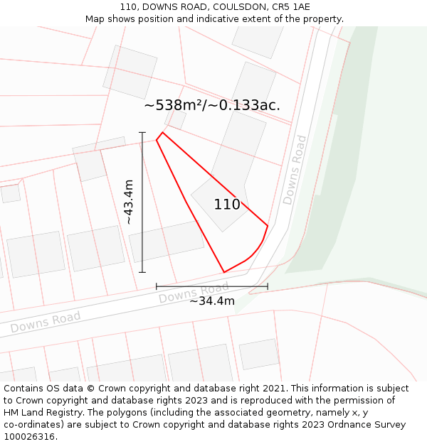 110, DOWNS ROAD, COULSDON, CR5 1AE: Plot and title map