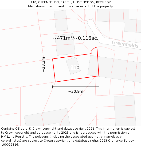 110, GREENFIELDS, EARITH, HUNTINGDON, PE28 3QZ: Plot and title map