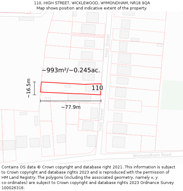 110, HIGH STREET, WICKLEWOOD, WYMONDHAM, NR18 9QA: Plot and title map