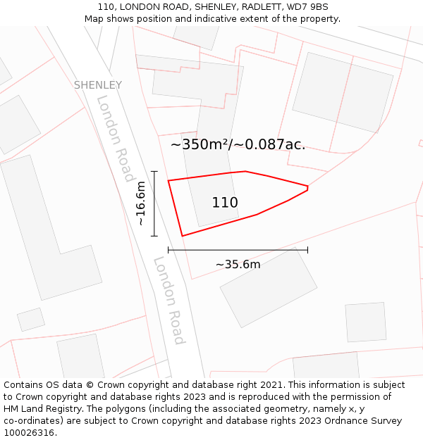 110, LONDON ROAD, SHENLEY, RADLETT, WD7 9BS: Plot and title map