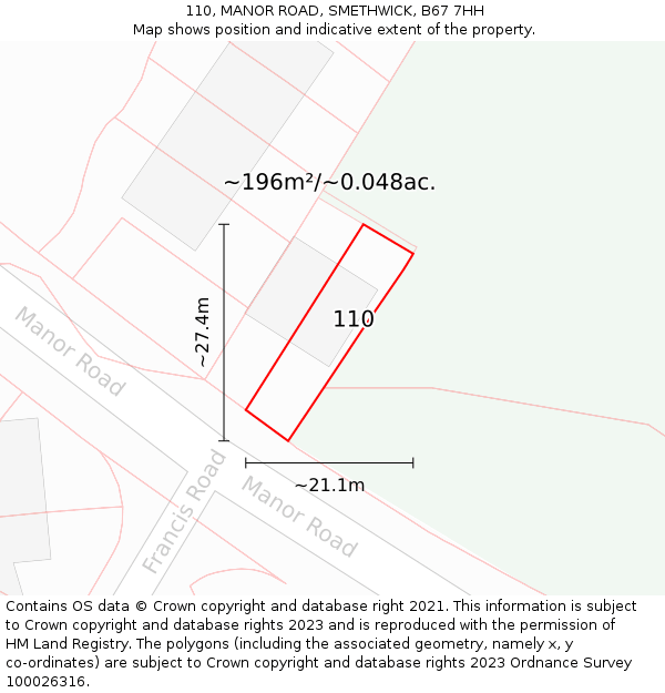 110, MANOR ROAD, SMETHWICK, B67 7HH: Plot and title map