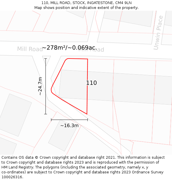 110, MILL ROAD, STOCK, INGATESTONE, CM4 9LN: Plot and title map