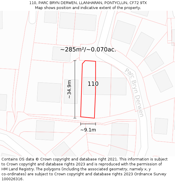 110, PARC BRYN DERWEN, LLANHARAN, PONTYCLUN, CF72 9TX: Plot and title map