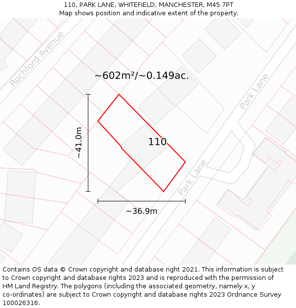 110, PARK LANE, WHITEFIELD, MANCHESTER, M45 7PT: Plot and title map