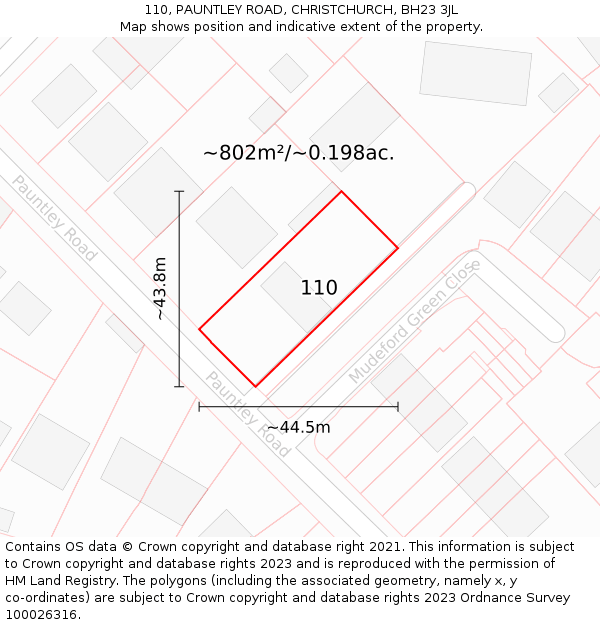 110, PAUNTLEY ROAD, CHRISTCHURCH, BH23 3JL: Plot and title map