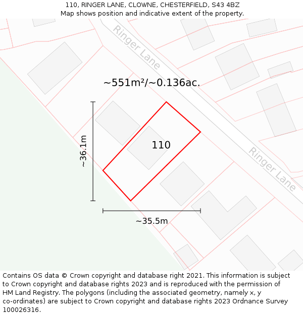 110, RINGER LANE, CLOWNE, CHESTERFIELD, S43 4BZ: Plot and title map
