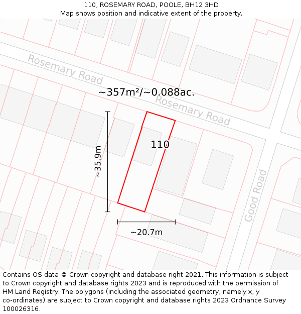 110, ROSEMARY ROAD, POOLE, BH12 3HD: Plot and title map