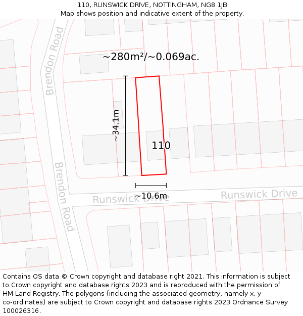 110, RUNSWICK DRIVE, NOTTINGHAM, NG8 1JB: Plot and title map