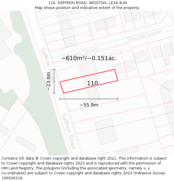 110, SAFFRON ROAD, WIGSTON, LE18 4UN: Plot and title map