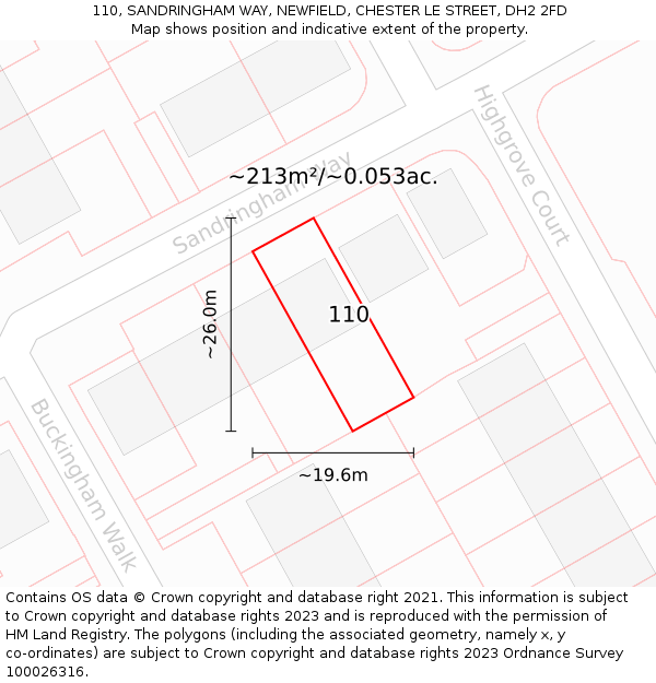 110, SANDRINGHAM WAY, NEWFIELD, CHESTER LE STREET, DH2 2FD: Plot and title map