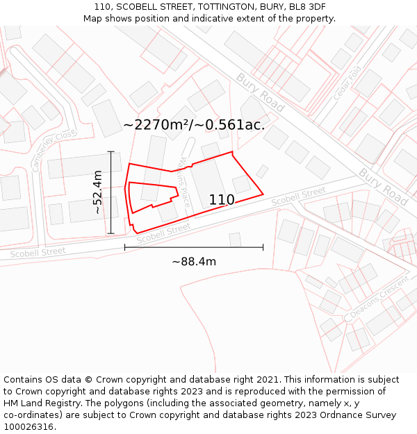 110, SCOBELL STREET, TOTTINGTON, BURY, BL8 3DF: Plot and title map