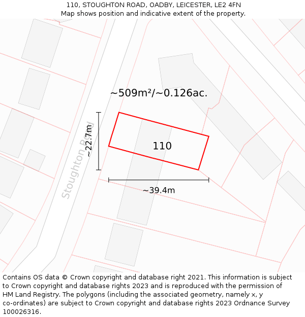 110, STOUGHTON ROAD, OADBY, LEICESTER, LE2 4FN: Plot and title map